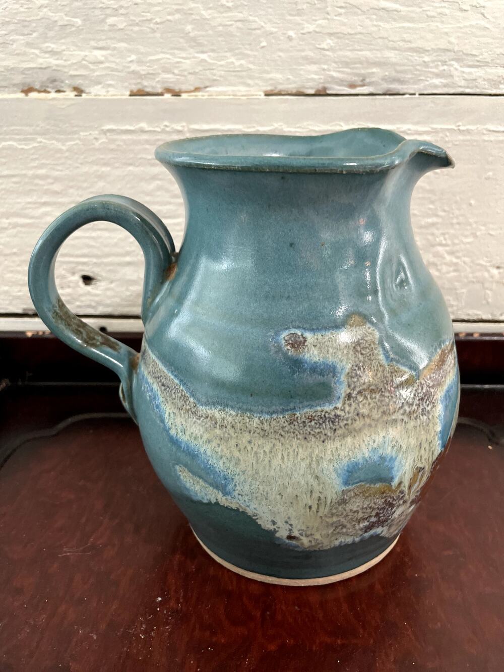Vintage 1983 Signed Studio Pottery Stoneware Pitcher Turquoise Blue Glaze 7"